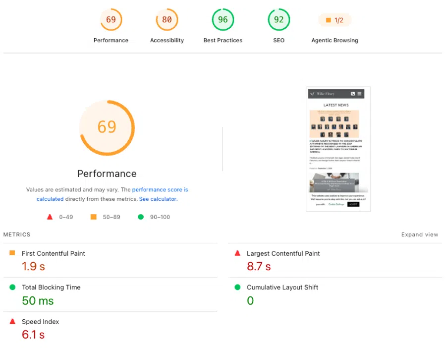 Website performance report showing scores for performance, accessibility, best practices, and SEO with detailed metrics.