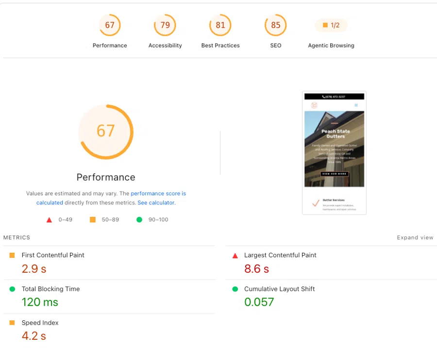 Website performance report showing scores for performance, accessibility, best practices, and SEO with detailed metrics.