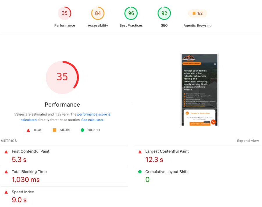 Website performance metrics showing low performance score with specific page load times and layout shifts.
