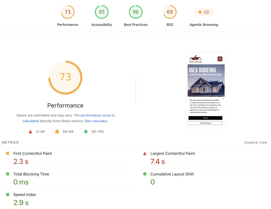Web performance report showing scores for performance, accessibility, best practices, and SEO with detailed metrics.