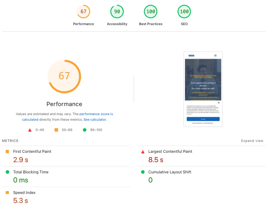Website performance report showing scores for performance 67, accessibility 90, best practices 100, and SEO 100.