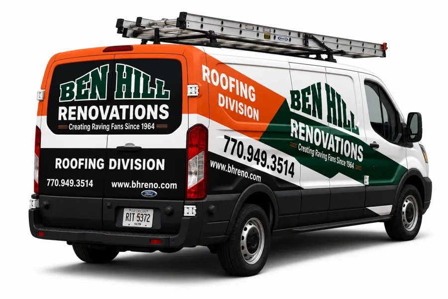 White and black roofing service van with Ben Hill Renovations branding and contact information, ladder on roof.