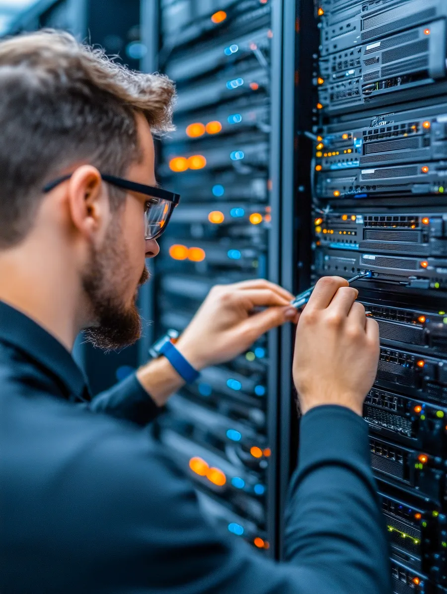 Technician wearing glasses working on server racks with blinking lights in a data center environment.