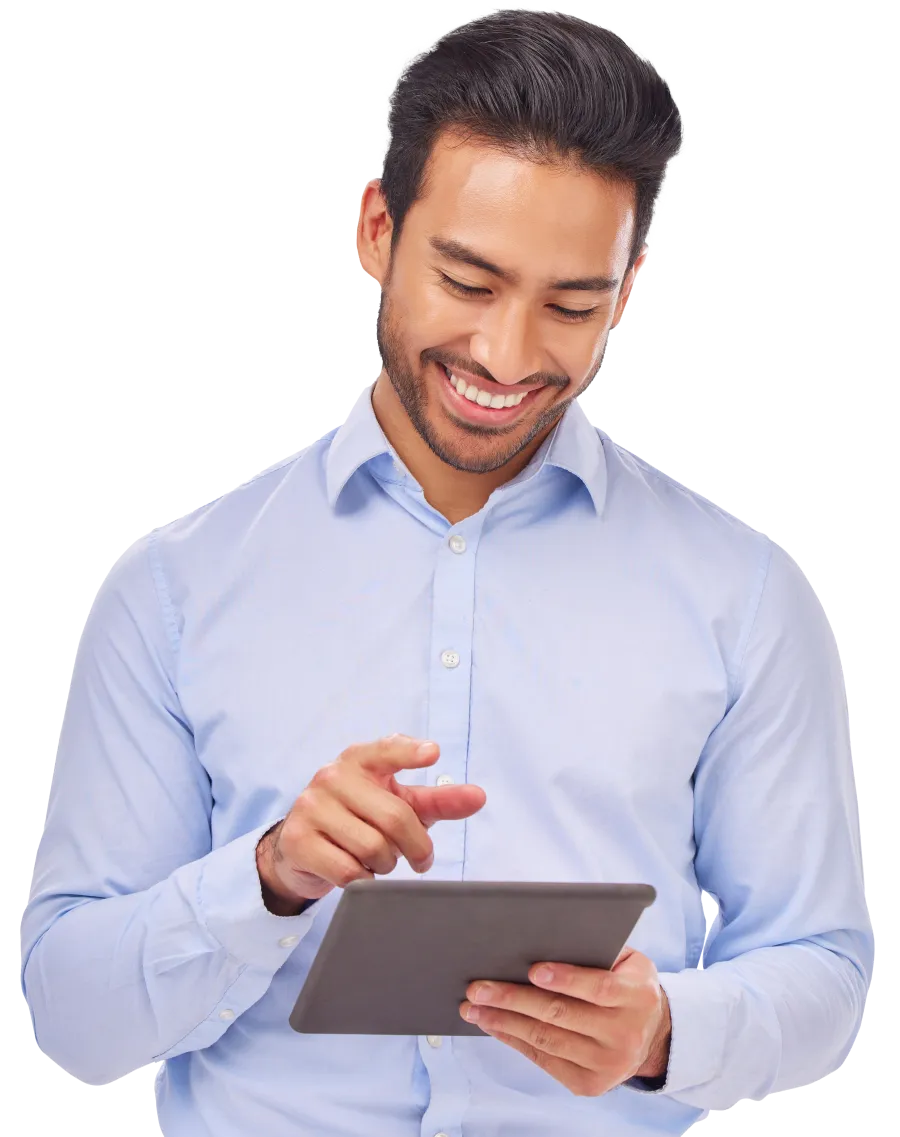 a man holding a tablet