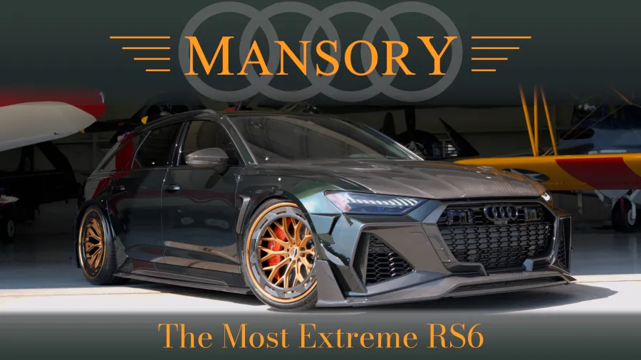 Mansory customized Audi RS6 with aggressive styling and gold-accented wheels in a hangar with planes.