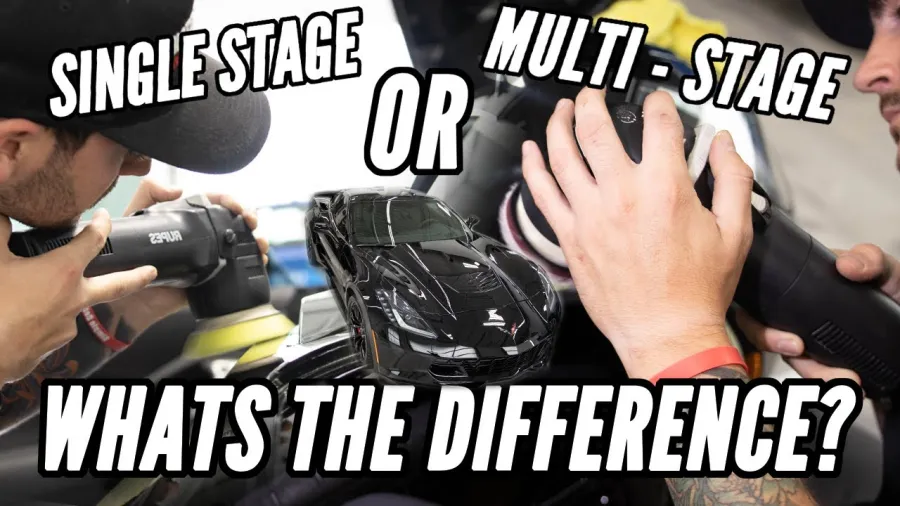 Two men polishing a black sports car with single-stage and multi-stage polishers, highlighting their difference.