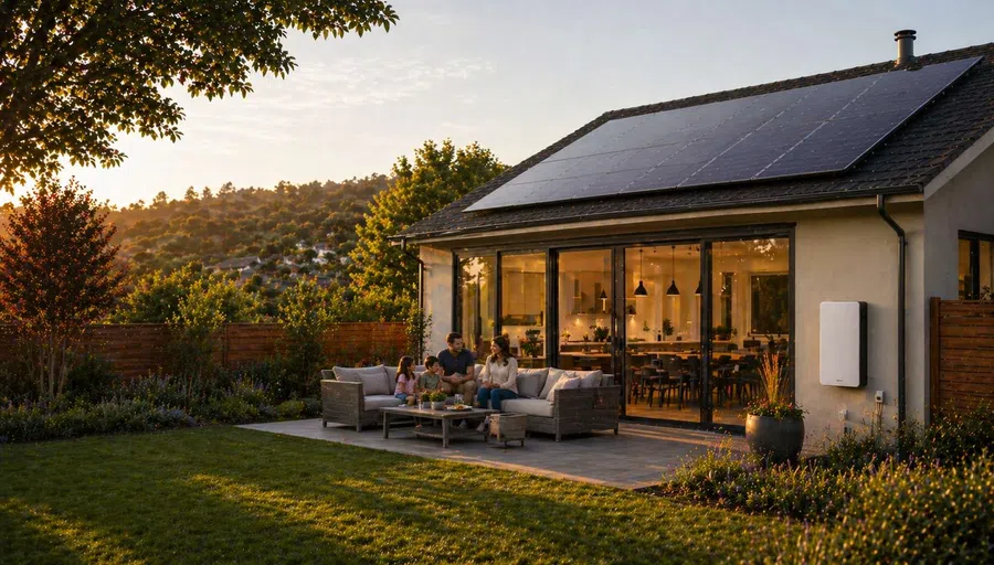 Family sitting on patio outside modern house with solar panels on roof during sunset.