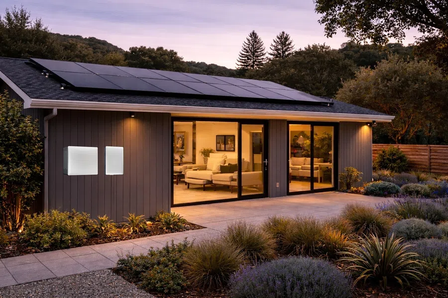 Modern backyard studio with solar panels on the roof, large glass doors, and landscaped garden at dusk.