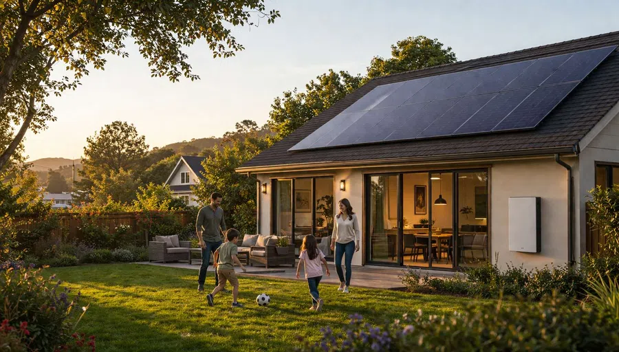 Family playing soccer in yard of modern home with solar panels on roof during sunset.
