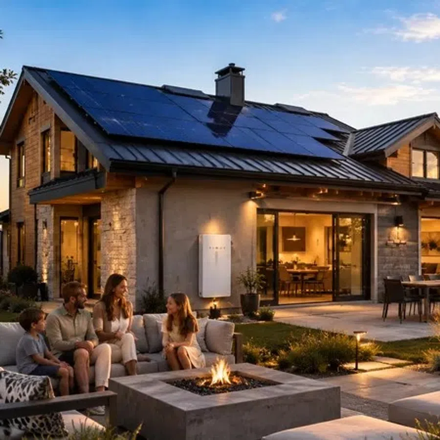 Family sitting outside modern home with solar panels on roof and outdoor fire pit in relaxed evening setting