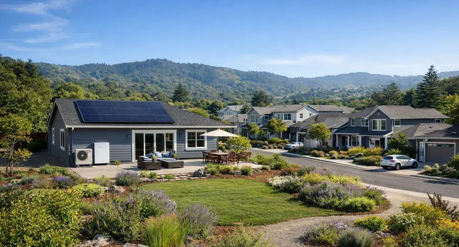 Modern home with solar panels, electric car charging, and landscaped yard in a suburban neighborhood under blue sky.