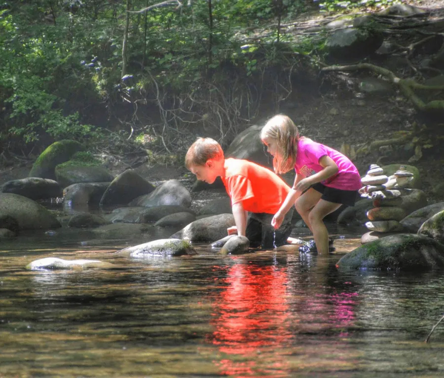 a boy and girl playing in a stream