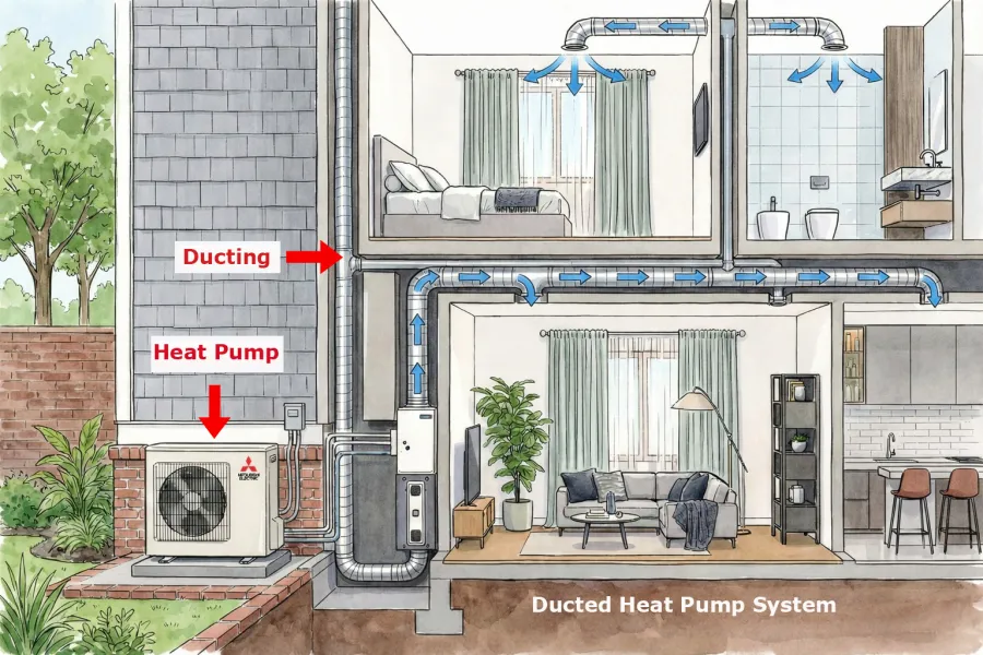 Illustration of ducted electric heat pump system showing heating and cooling air flow through ducts in a two-story house.