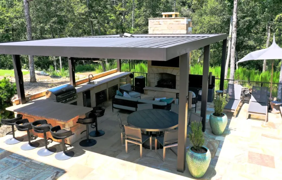 a patio with tables and chairs