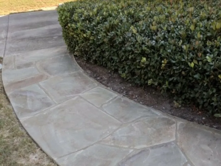 a stone walkway with bushes