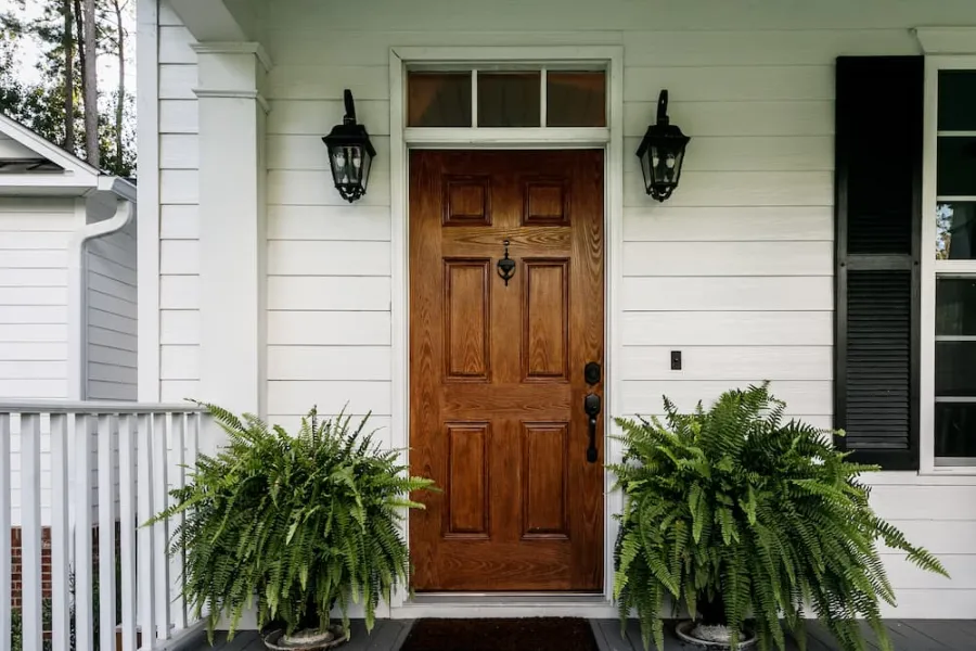 Wooden front door with white siding, two hanging black lanterns, and large green ferns in pots on porch.
