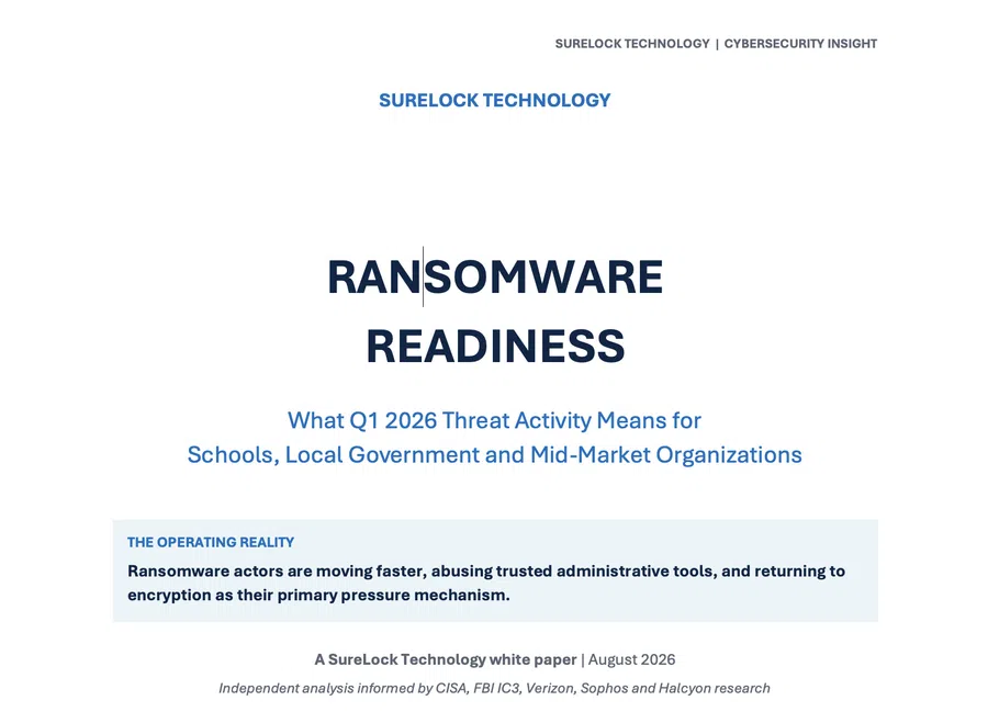 Ransomware readiness report cover detailing Q1 2026 threat outlook for schools and local governments.