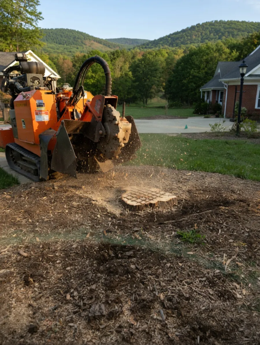 Orange stump grinder machine removing tree stump in a residential yard with forested hills in background.