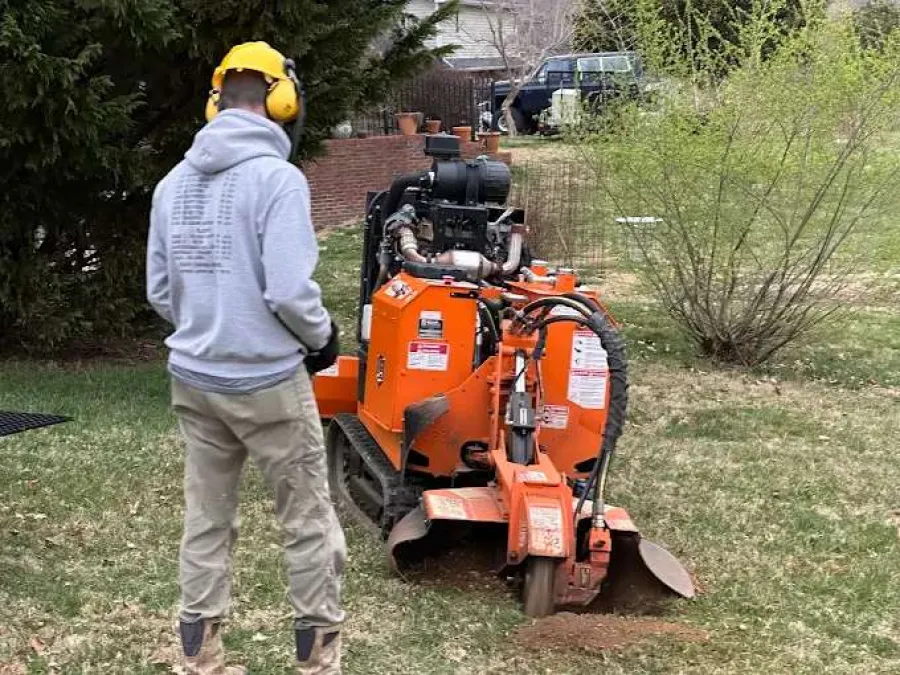 Person operating orange trenching machine on grassy yard near trees and bushes with protective gear.