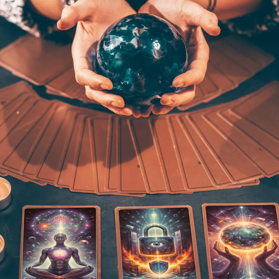 Hands holding a crystal ball over tarot cards and lit candles on a dark table for fortune telling.