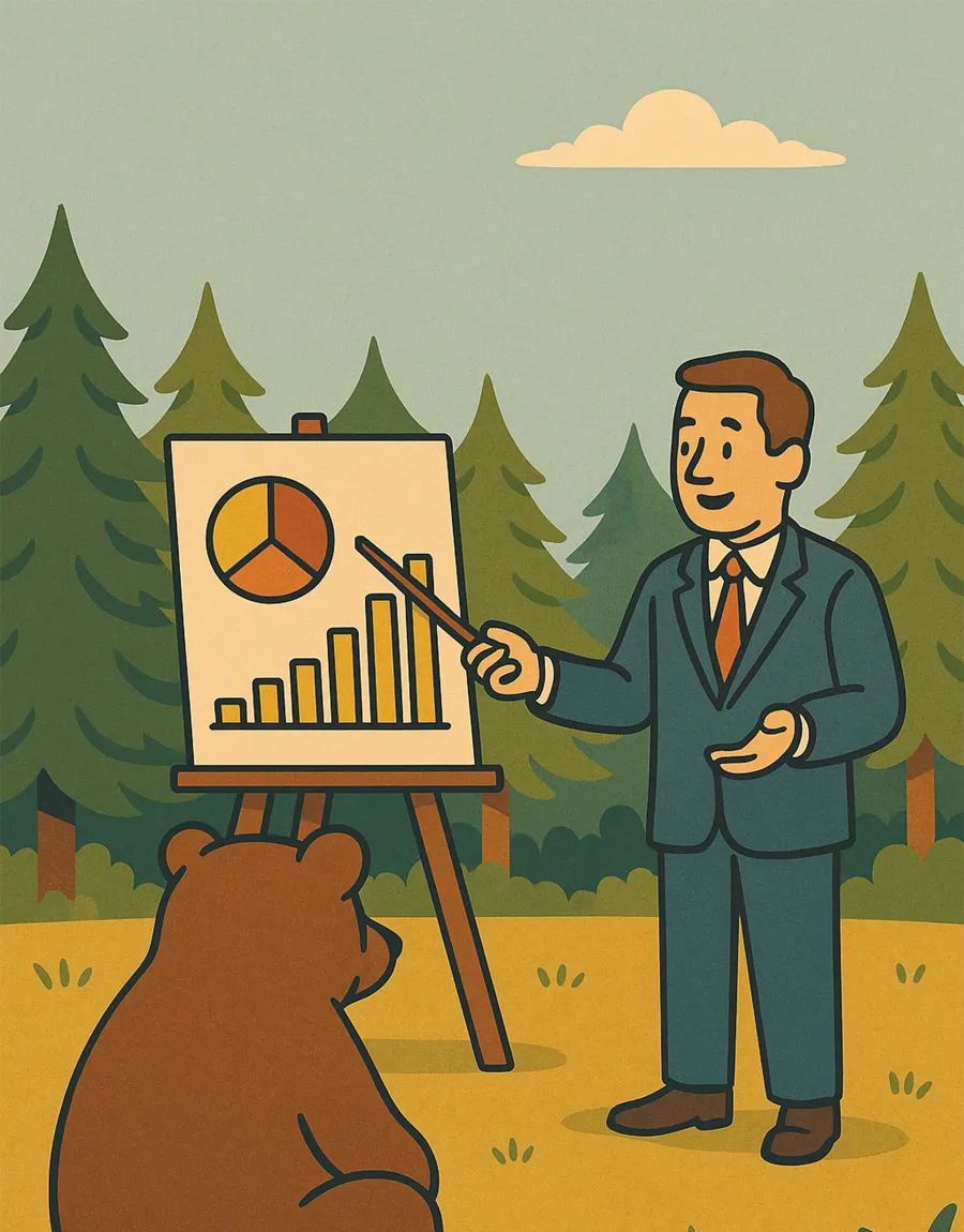 Businessman giving a presentation with charts to a bear in a forest setting under a cloudy sky