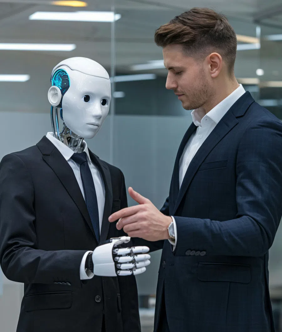 Businessman and humanoid robot in suits shaking hands in modern office setting
