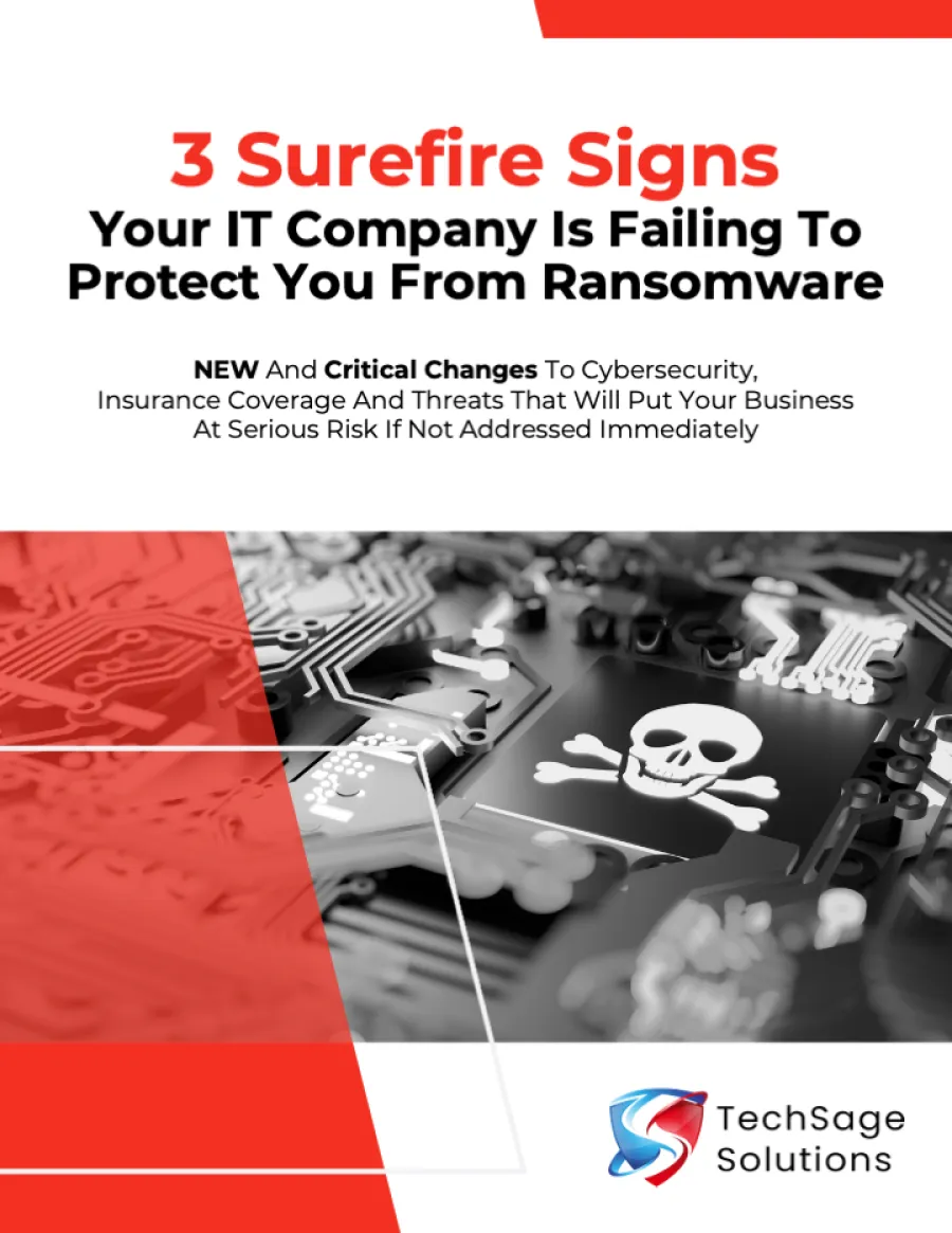 Warning message on ransomware risks with a skull and crossbones on a computer chip background and TechSage Solutions logo