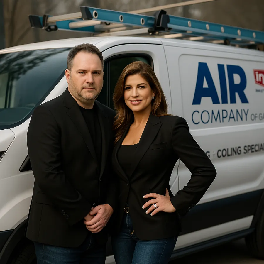 Man and woman in black blazers standing confidently by a white service van with a ladder on top.