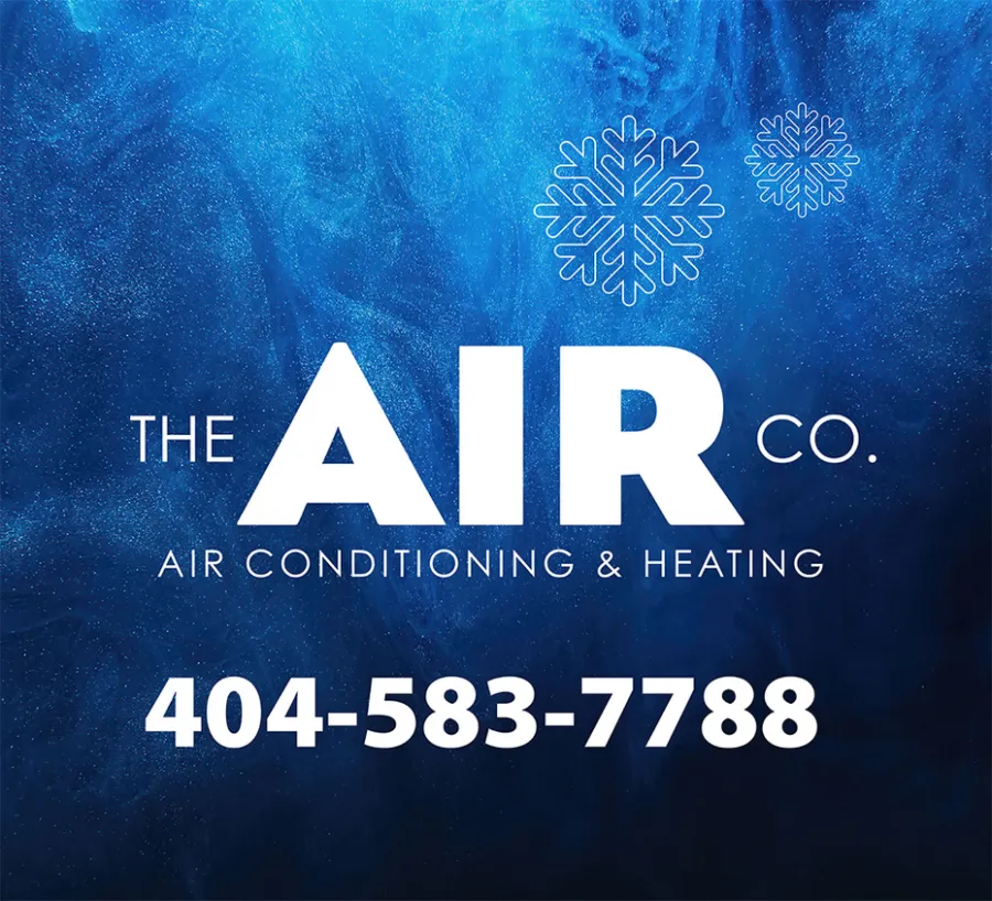 The Air Co. logo with snowflakes on blue background promoting air conditioning and heating services.