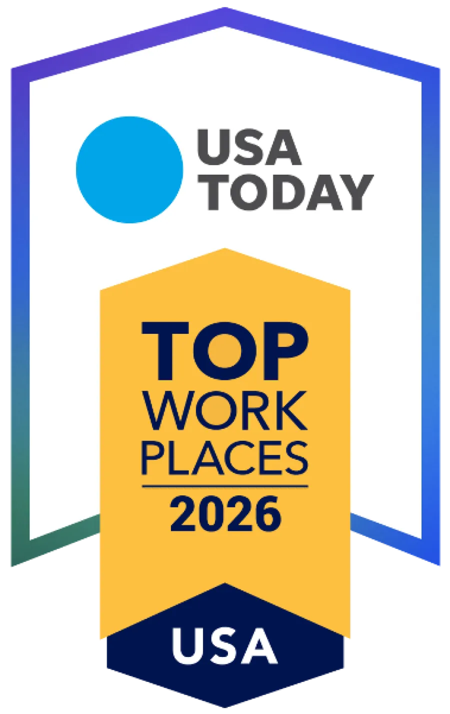 USA Today Top Workplaces 2026 award badge with blue circle and bold text on white and yellow banners.
