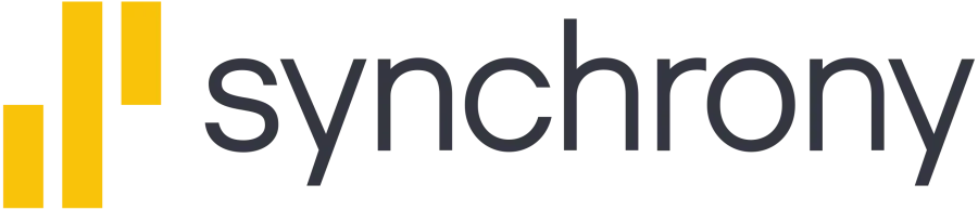 Synchrony logo featuring yellow and gray colors with a modern design.