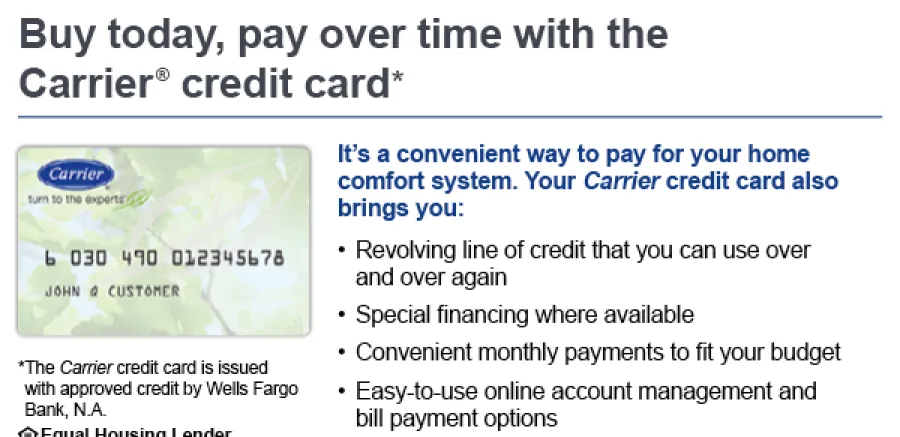 Carrier credit card offers convenient financing for home comfort systems with easy payments and online account management