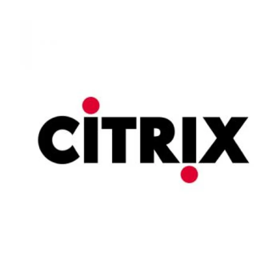 Citrix logo with black bold letters and two red dots above the I and below the X on white background.