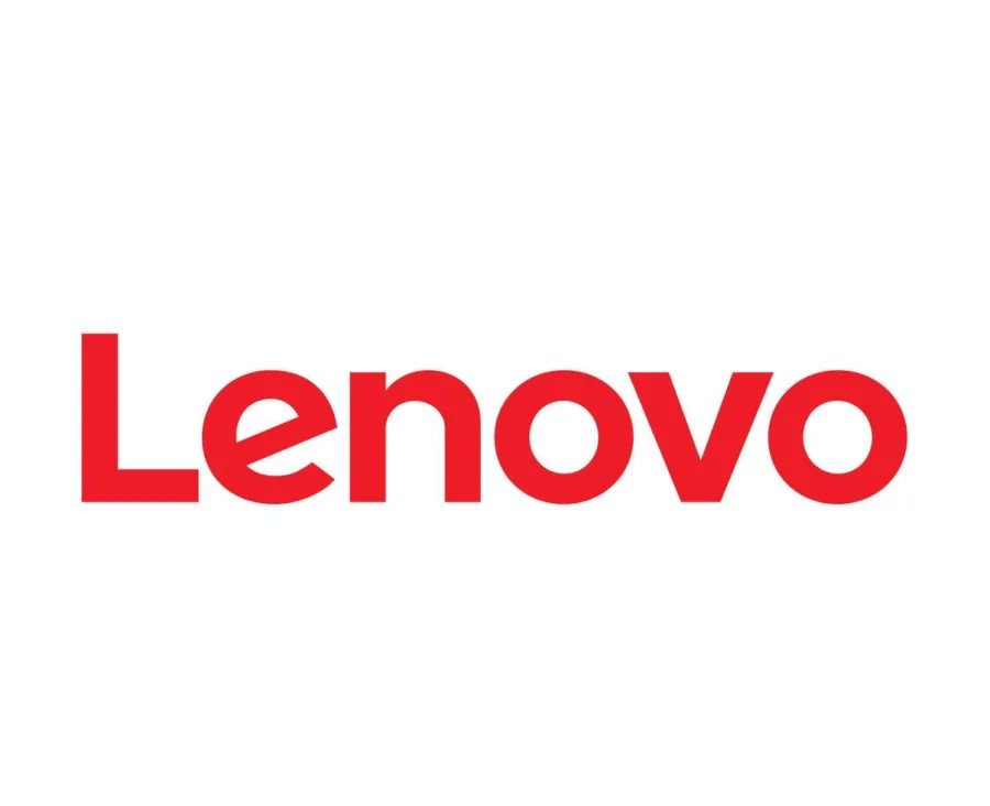 Lenovo logo in bold red letters on white background representing the technology company.