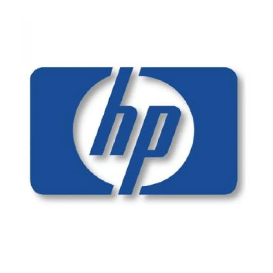 Blue HP logo with stylized lowercase letters in a rounded rectangle background
