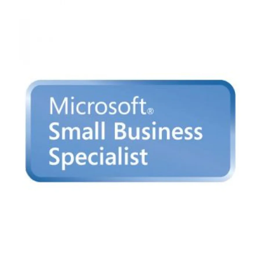 Blue rectangular badge displaying Microsoft Small Business Specialist logo in white text
