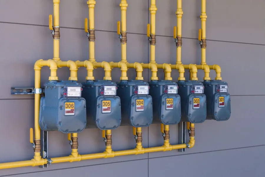Row of six gray gas meters connected to yellow pipes mounted on a gray wall.