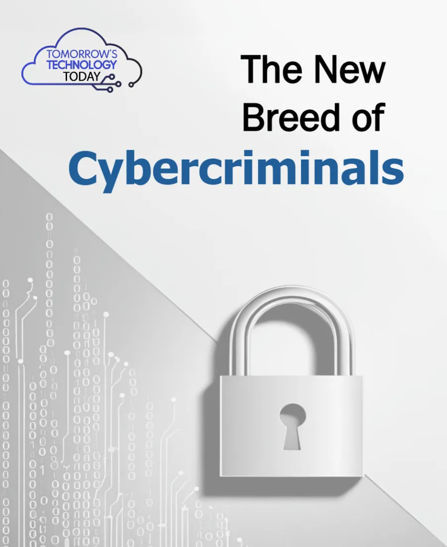 The New Breed of Cybercriminals text with a lock and digital circuit background under technology logo