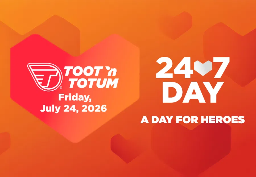 Toot'n Totum 24/7 Day event on July 24, 2026, celebrating heroes with heart-themed orange background.