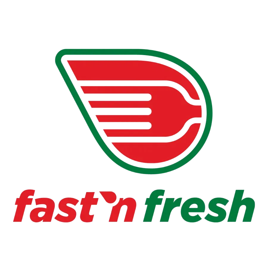 Fast n Fresh logo with red and green colors featuring a stylized winged fork and bold text.
