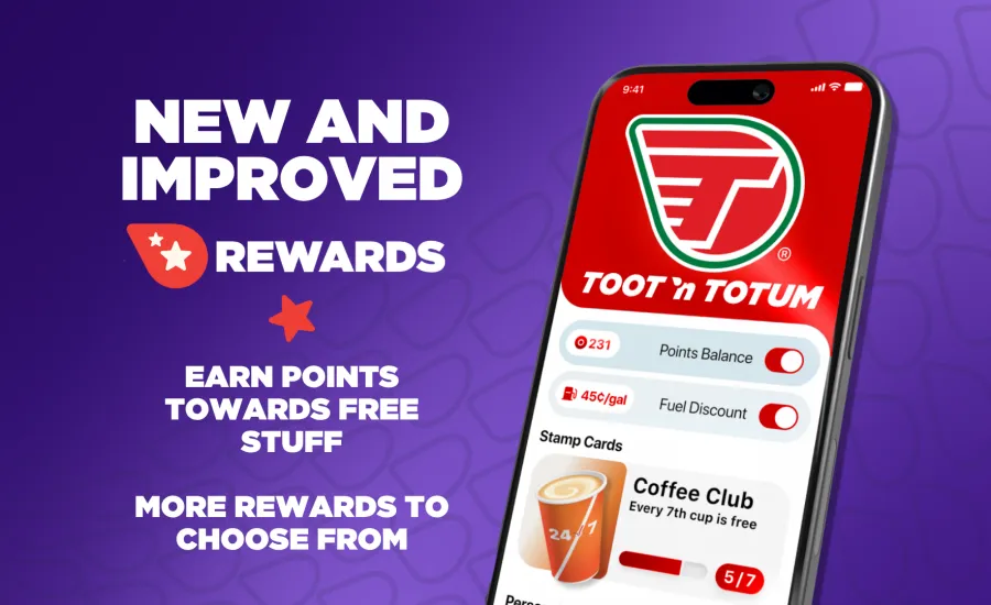 Smartphone screen showing Toot'n Totum rewards app with points, fuel discount, and coffee club progress.