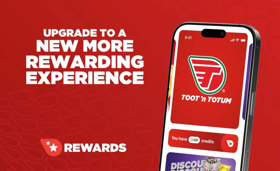 Smartphone screen displays Toot'n Totum rewards app showing 231 credits with upgrade message on red background.
