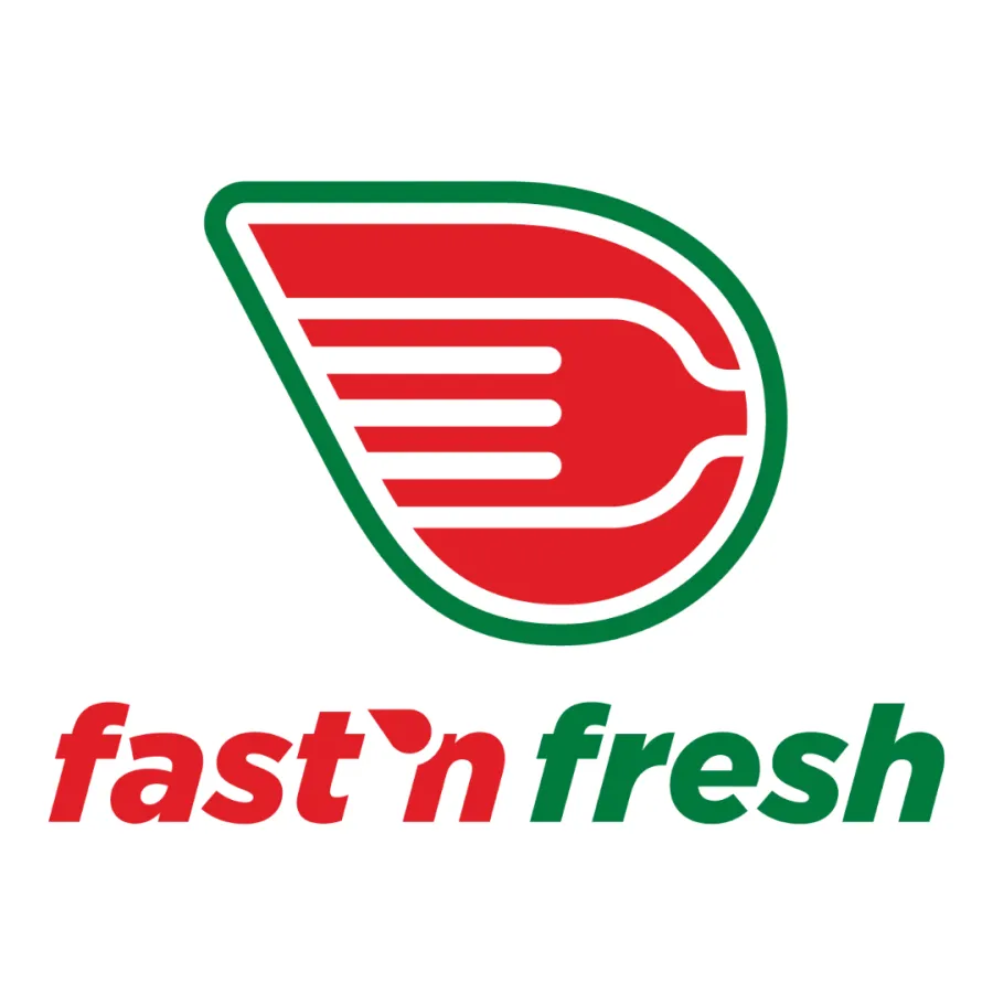 Fast n fresh logo with a red winged emblem outlined in green above red and green text on white background
