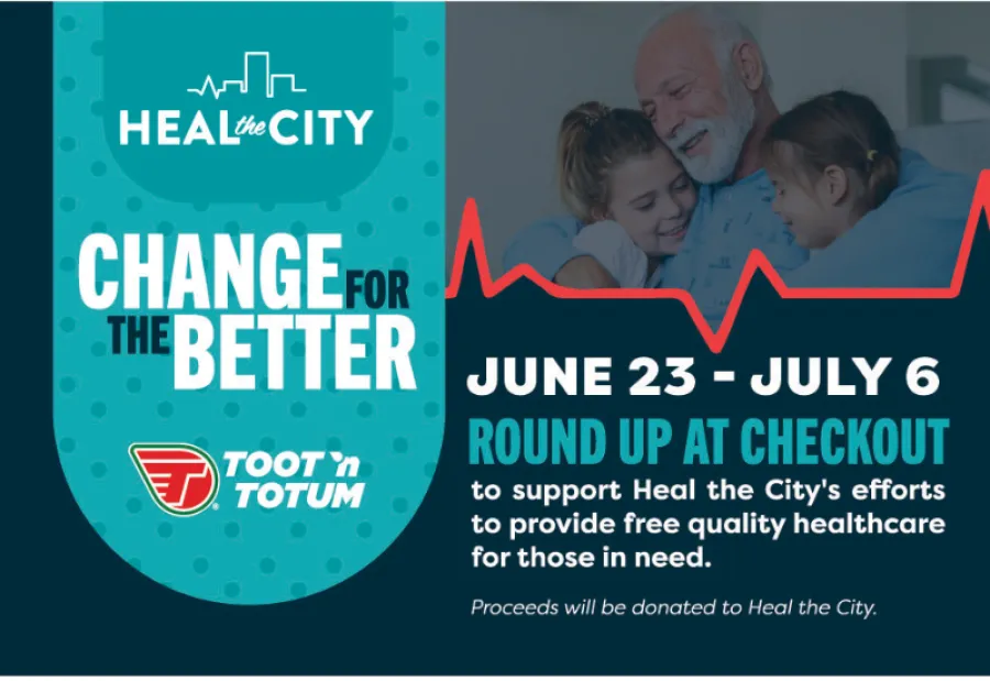 Heal the City fundraiser poster with elderly man hugging two children and campaign details for June 23 to July 6.