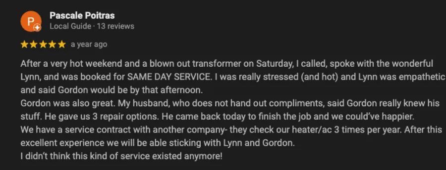 Five-star customer review in huntington beach praising same-day service and repair expertise from Lynn and Gordon for heater issues.