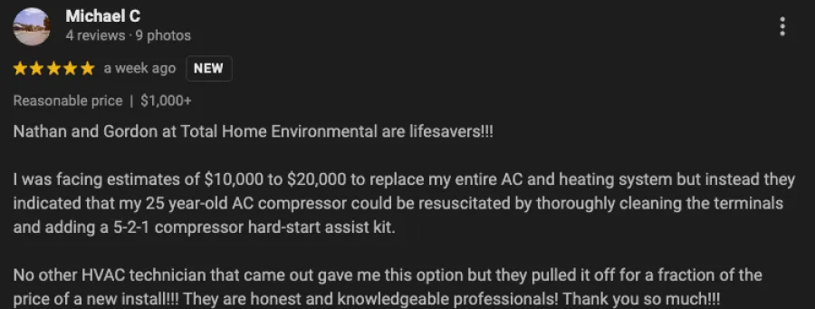 Five-star Google review praising Total Home Environmental for affordable HVAC repair and excellent service.