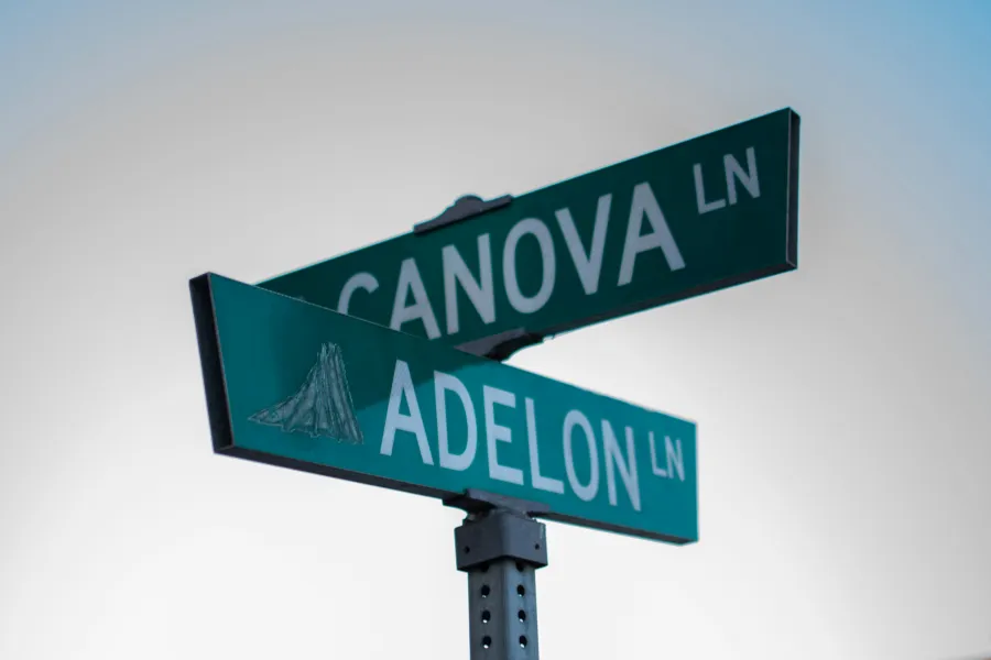 Green street signs for Canova Lane and Adelon Lane against a clear sky.