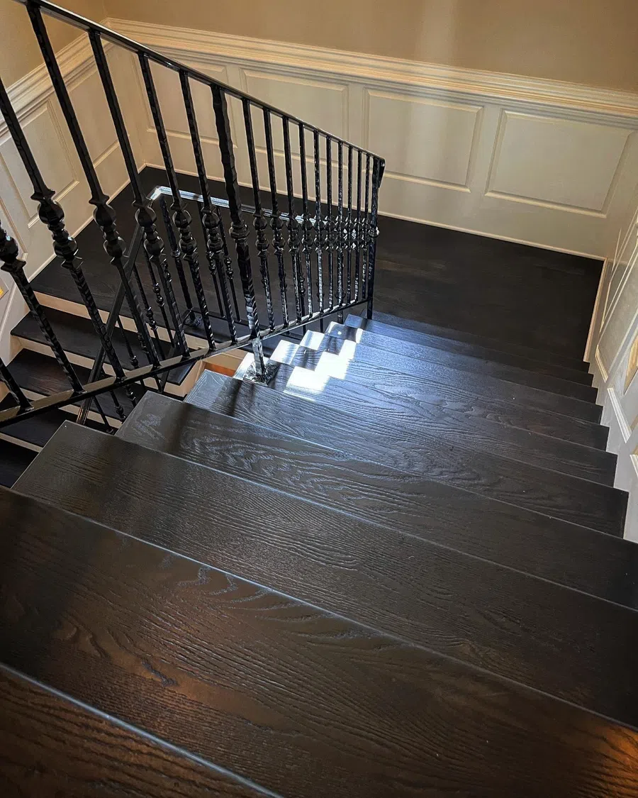 Dark wooden staircase with decorative black metal railing and white paneled wall in bright interior.