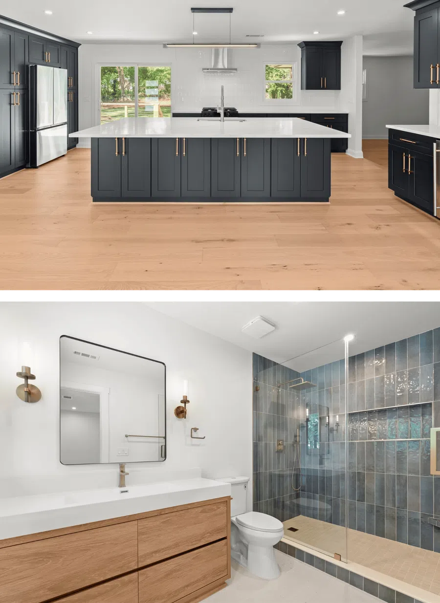 Modern kitchen with dark cabinets and large island, bright bathroom with wood vanity and glass shower.