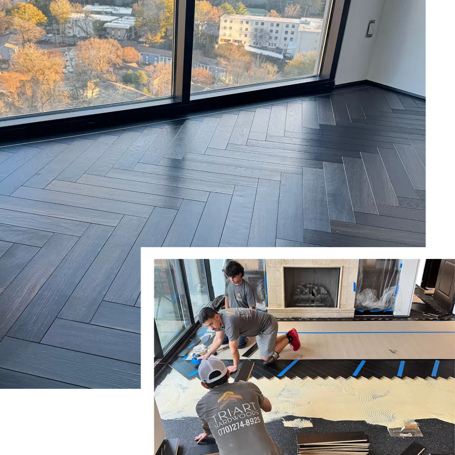 Workers installing dark wood herringbone hardwood flooring near large window with autumn city view.